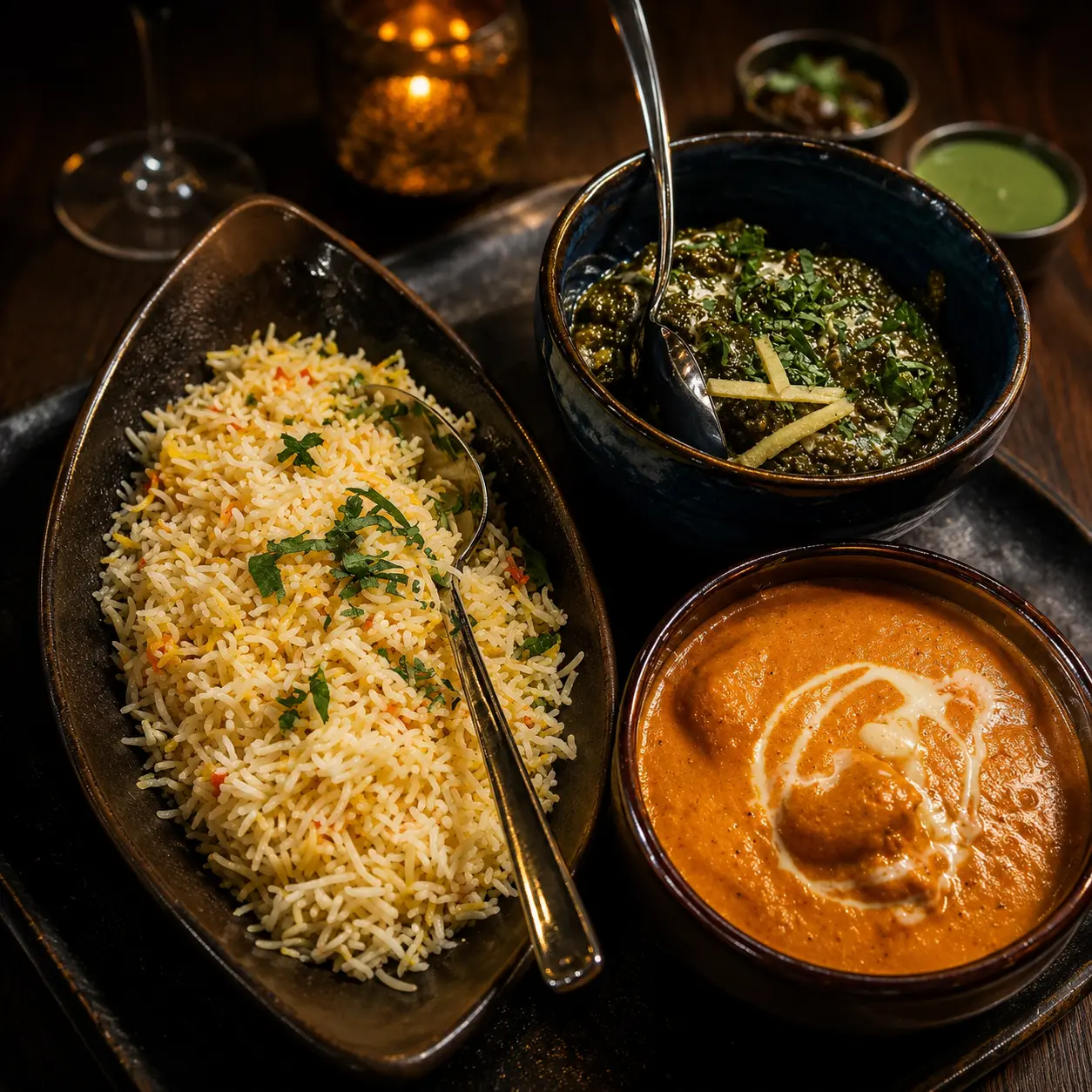 Arròs basmati, palak paneer i curri cremós