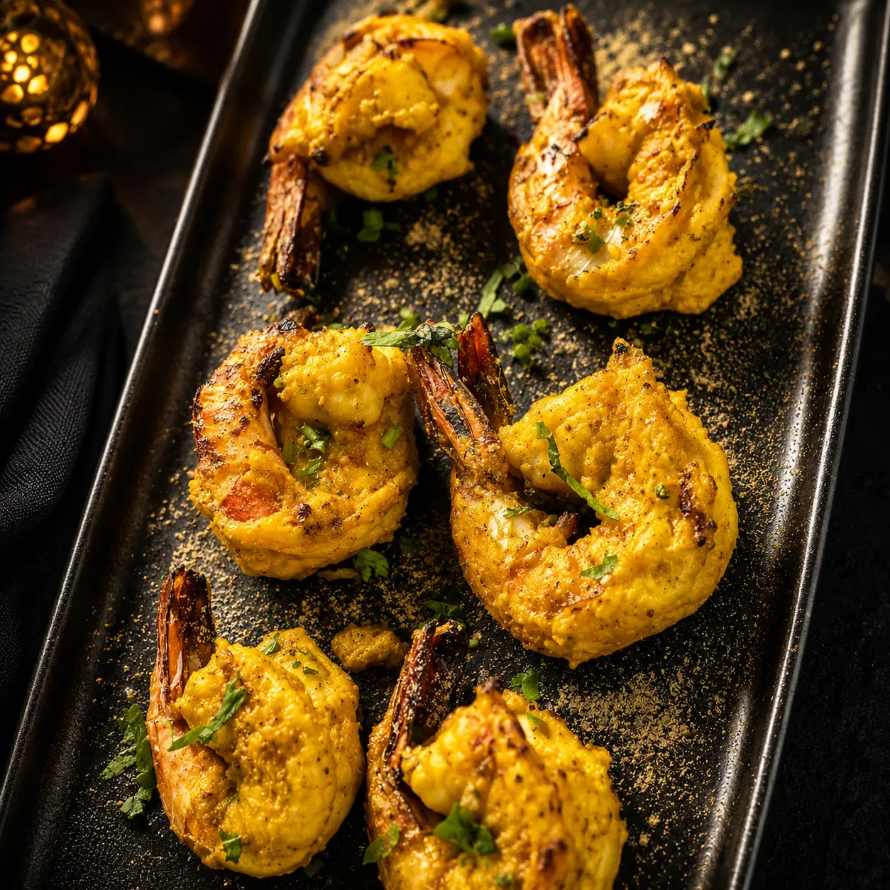 Gambes tandoori daurades amb espècies